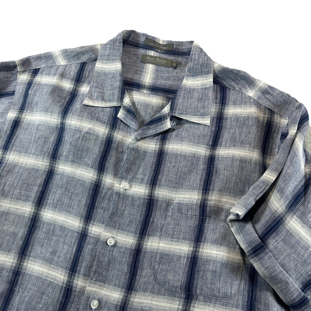 Daniel Cremieux Linen Shirt Mens Large Blue Plaid Short Sleeve Camp Collar